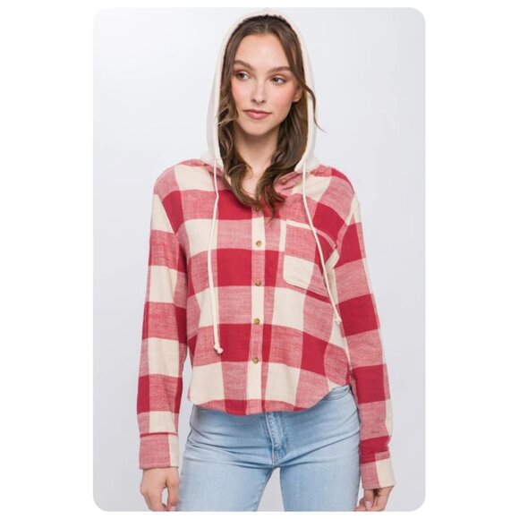 !! NWT American Eagle Red Plaid Hooded Lightweight Shacket sz S - Picture 1 of 6